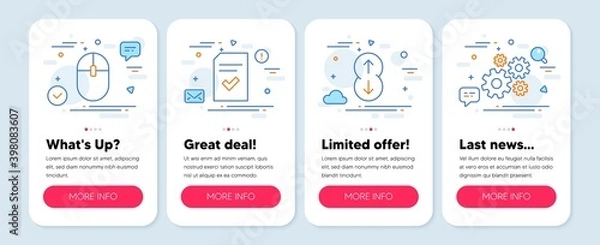 Fototapeta Set of Technology icons, such as Computer mouse, Checked file, Scroll down symbols. Mobile app mockup banners. Cogwheel line icons. Pc equipment, Correct document, Swipe arrow. Vector