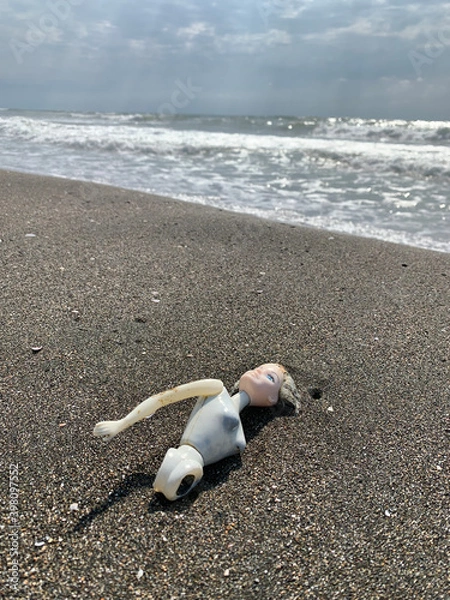 Obraz Plastic pollution on beaches, toy doll