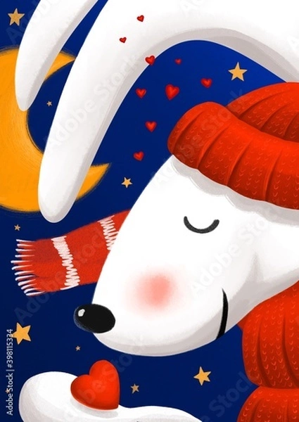 Obraz A series of New Year's cards. Rabbit in a red cap and in a scarf. 2021 year. A contented rabbit under the starry sky and moon. Moon in a clear sky. New year illustrations