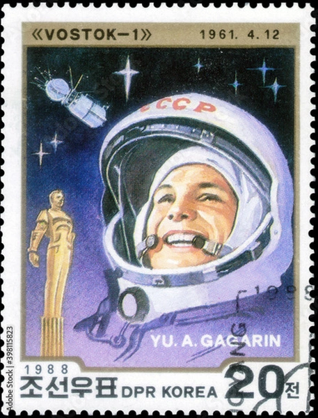 Fototapeta Postage stamp issued in the North Korea with the image of the Yuri Gagarin. From the series on First Man and Woman in Space, 1988