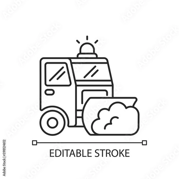 Fototapeta Road plowing linear icon. Removing snow and ice from outdoor surfaces in cold winter. Thin line customizable illustration. Contour symbol. Vector isolated outline drawing. Editable stroke