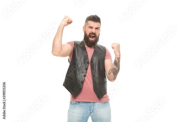 Fototapeta Extremely satisfied. Barbershop and beard grooming. Styling beard and moustache. Fashion trend beard grooming. Guy expressing success. Hipster with beard brutal guy. Product recommendation concept