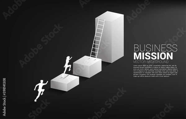 Fototapeta silhouette of businessman running to move up on bar graph with ladder. Concept of vision mission and goal of business