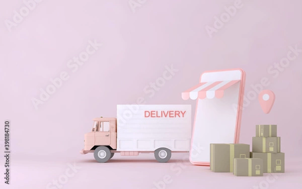 Fototapeta 3D Online express delivery service concept, fast response delivery by scooter, courier Pickup, Delivery, Online Shipping Services. 3d Rendering.	
