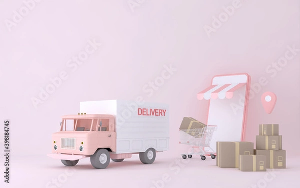 Fototapeta 3D Online express delivery service concept, fast response delivery by scooter, courier Pickup, Delivery, Online Shipping Services. 3d Rendering.	