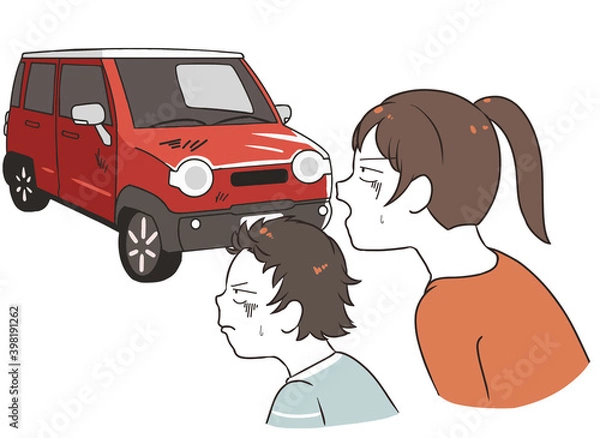 Obraz 中古車の軽自動車を見る　ガッカリする親子