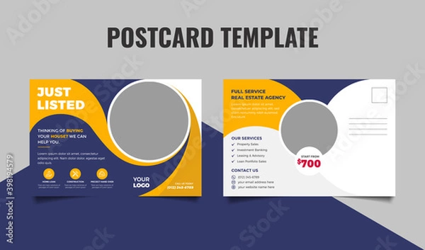 Obraz Real estate postcard design template. Just listed postcard, home buy and sale postcard