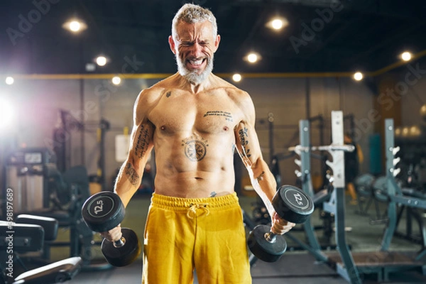 Fototapeta Energetic trainer doing a strength training exercise