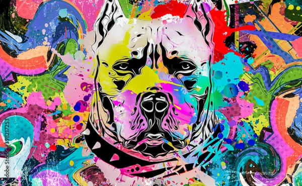 Obraz Acid dog's head in eyeglasses and headphones illustration on white background with colorful creative elements 