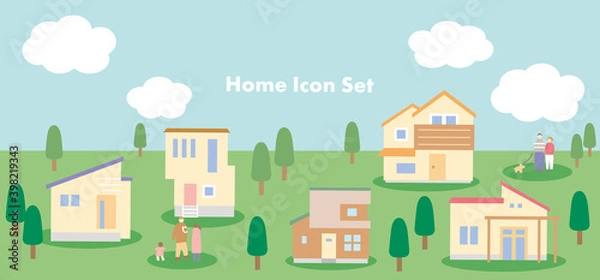 Fototapeta 現代のおしゃれな一軒家のアイコンイラストセット