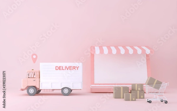 Fototapeta 3D Online express delivery service concept, fast response delivery by scooter, courier Pickup, Delivery, Online Shipping Services. 3d Rendering.	