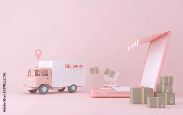 Fototapeta 3D Online express delivery service concept, fast response delivery by scooter, courier Pickup, Delivery, Online Shipping Services. 3d Rendering.	