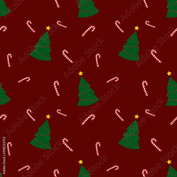 Obraz Seamless pattern with green christmas trees and candy cane on red background. wrapping decoration. Merry Christmas holiday, Happy New Year