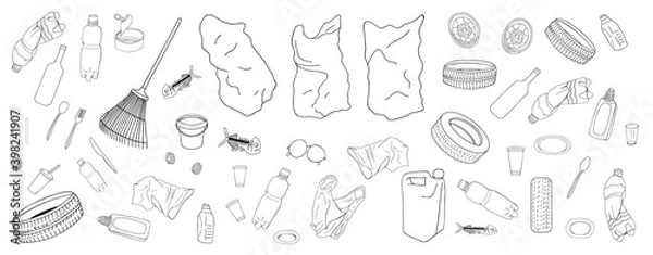Fototapeta Set of garbage and bags isolate on white background. Vector illustration.