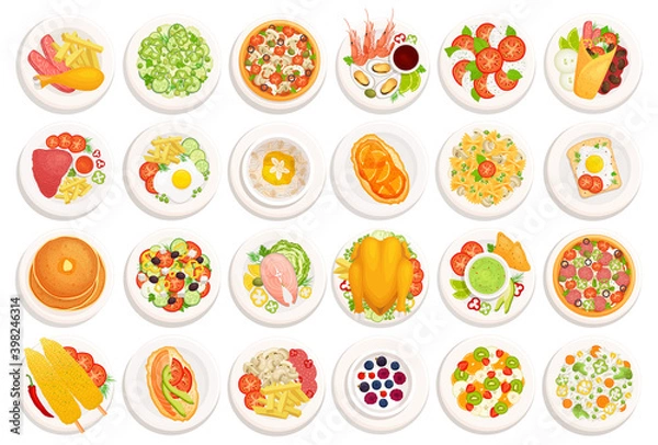 Obraz Food on plates top view. Set of different cooked dishes. Vector illustration on the theme of serving food and cooking. Collection of icons with traditional dishes of various cuisines of the world. Men