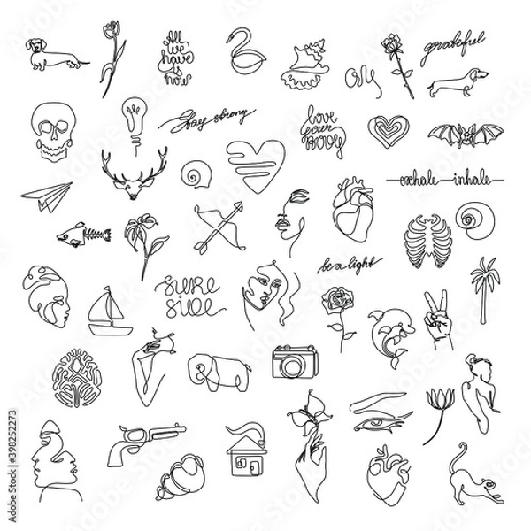 Fototapeta Small tattoo set, sticker design pack, flash tattoo continuous line drawing, abstract print for clothes and logo design, emblem or logo design, isolated vector illustration.