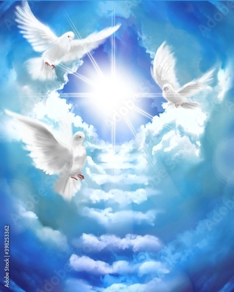Fototapeta The flying three white doves around clouds stairs leading to shining heaven and the background of the clouds in beautiful blue sky	