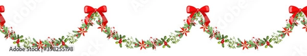Fototapeta Seamless garland with cone, fir branches, Holly, poinsettia, caramel cane, mistletoe