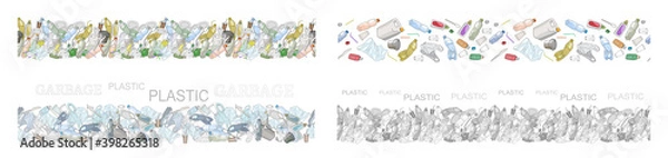 Obraz Vector hand drawn set of seamless patterns with sorted plastic garbage isolated on white.