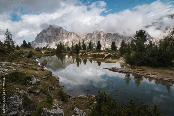 Obraz Morning foggy view of lago di limides in Dolomties, famous destination in south Tyrol, Italy