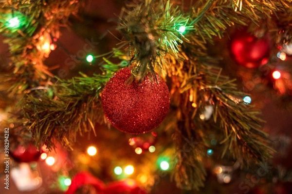 Obraz Christmas tree with face mask. Christmas decoration. Coronavirus pandemic Covit-19.