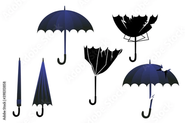 Fototapeta Broken blue umbrella from the rain on a white background. Umbrella after a strong wind, protruding needles, torn umbrella fabric.