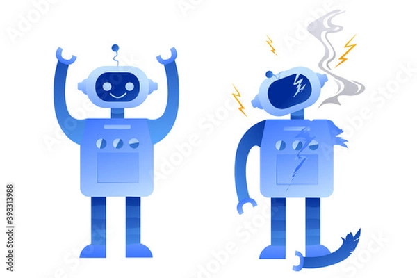Fototapeta Cute blue faulty robot with broken display on a white background. System malfunction, broken assistant, short circuit. Electricity and smoke