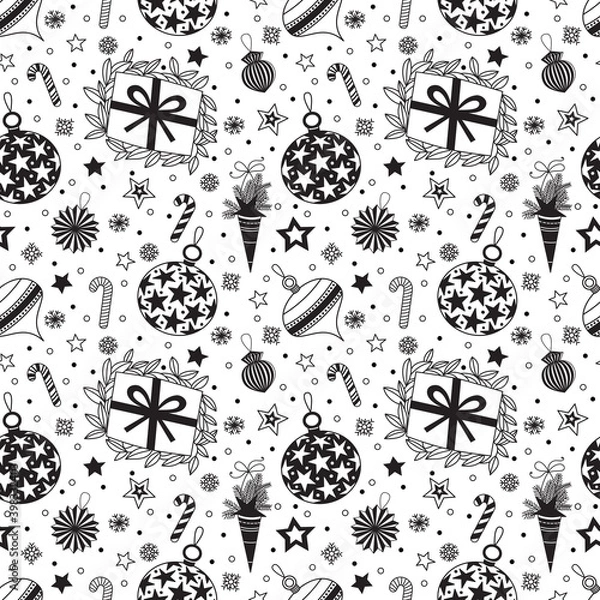 Fototapeta seamless christmas pattern with gifts, toys, sweets and home decorations