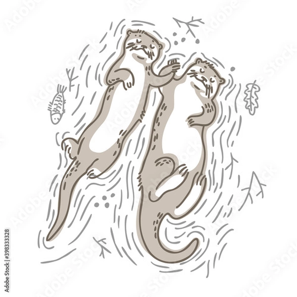 Fototapeta Couple otter, Funny otters swim in the water and hold each other's paws. Couple lovers cute otters. Vector illustration
