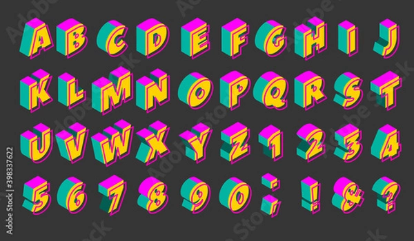 Obraz 90s isometric neon alphabet. Set of colorful elements