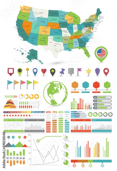 Obraz USA map and Infographics design elements. On white