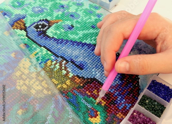 Obraz Diamond mosaic fragment picture close-up top view, handmade, hobby.