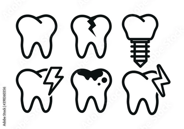 Fototapeta Vector image. Collection of grinding wheels icons. Image of cavities, molar implant and toothache.