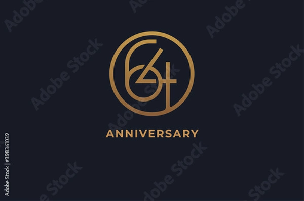 Fototapeta Number 64 logo, gold line circle with number inside, usable for anniversary and invitation, golden number design template, vector illustration