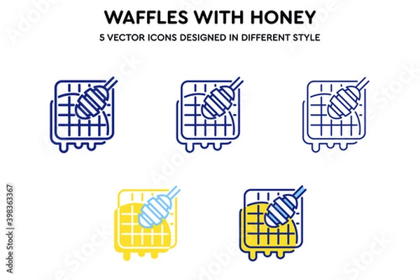 Fototapeta Waffles with honey vector icons set designed in different style