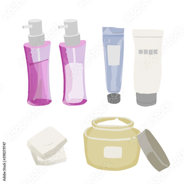 Fototapeta 基礎化粧品のイラストセット　化粧水　乳液　美容液　クリーム　コットン　メイク落とし