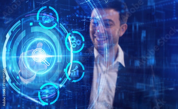 Fototapeta Business, Technology, Internet and network concept. Young businessman working on a virtual screen of the future and sees the inscription: