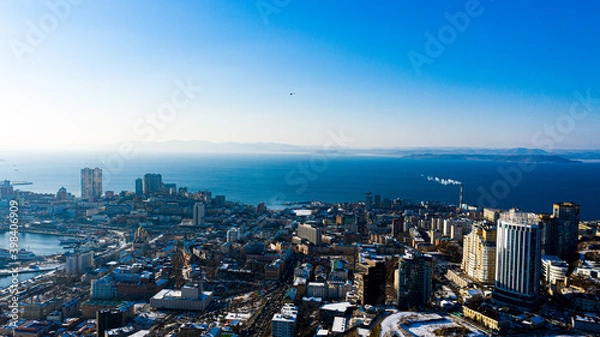 Fototapeta Winter view of vladivostok photographed on a drone