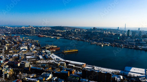 Fototapeta Winter view of vladivostok photographed on a drone