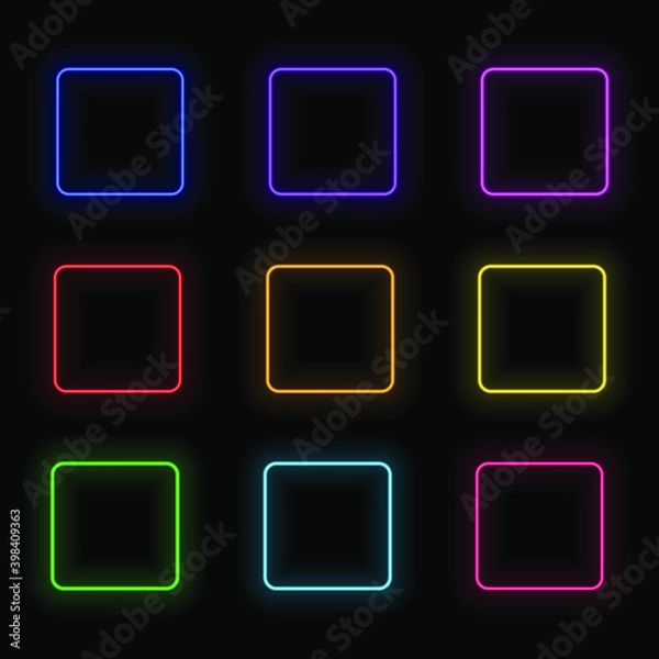 Fototapeta Vector Set of Neon Square Frames, Colorful Illustration, Blank Frames Isolated on Black Background, Different Colors, Shining Lines.
