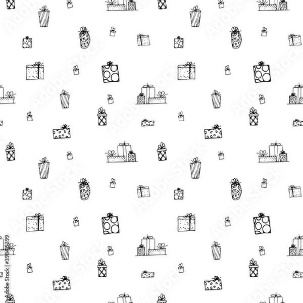Fototapeta doodle gifts pattern isolated on white. perfect background for holidays design. cards, invitation, wrapping paper,  home textile, packaging