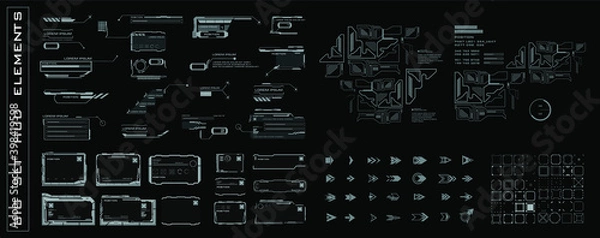 Obraz Big set HUD elements for the user interface. Frames, callouts, arrows, pointers, scales, bars, navigation targets, complex combined elements for HUD interface. Vector