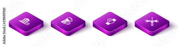 Fototapeta Set Isometric Bank building service, Blender, Smartwatch and Crossed screwdriver and wrench icon. Vector.