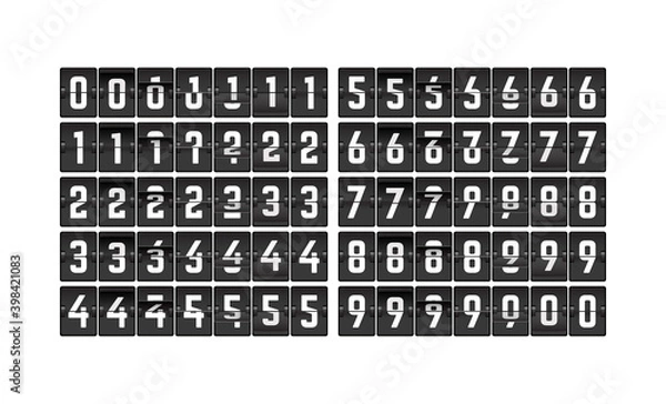 Fototapeta Scoreboard mechanical flip font. Realistic terminal flip board font template for departures flight, wall flap clock. Flip clock numbers. Retro countdown animation alarm timer