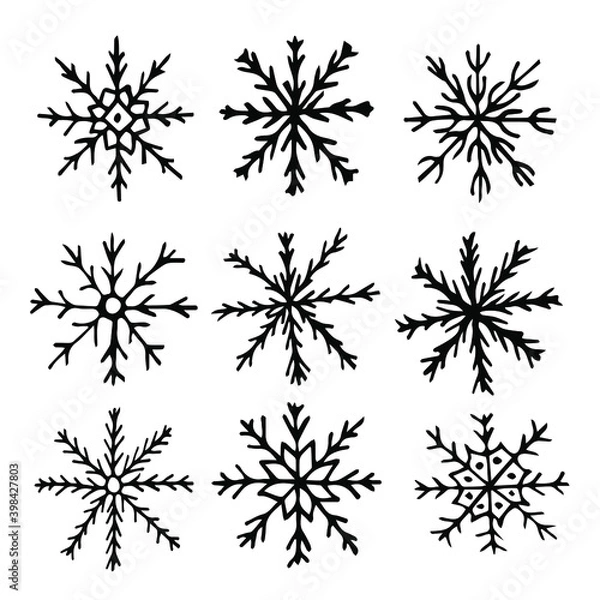 Fototapeta Set of doodle snowflakes. Hand drawn crystal snowflakes on white background. Big set for decor, wrapping paper, icons.