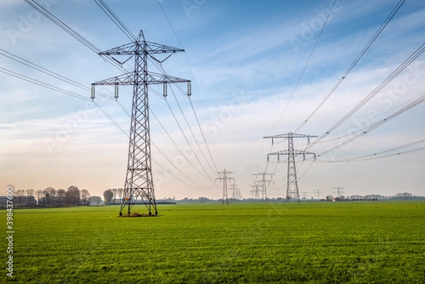 Fototapeta Two seemingly endless long rows of electricity pylons in a Dutch polder meadow with fresh green grass. The photo was taken in the province of Noord-Brabant at the beginning of the winter season.