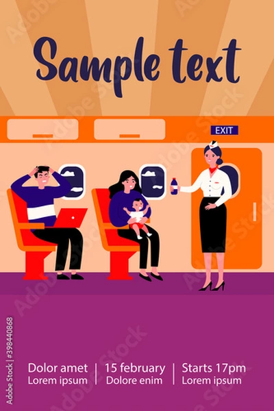 Fototapeta Woman with screaming baby travelling by plane. Stressed passengers, stewardess with water flat vector illustration. Transportation, tourism concept for banner, website design or landing web page