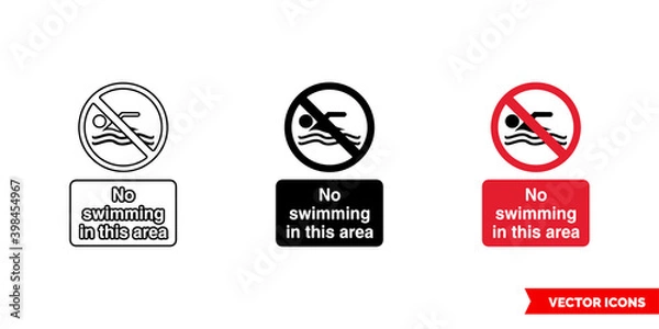 Fototapeta No swimming in this area prohibitory sign icon of 3 types color, black and white, outline. Isolated vector sign symbol.