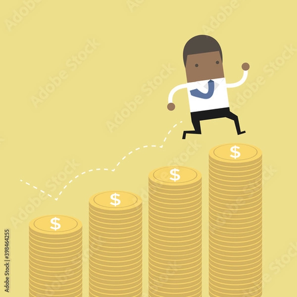 Fototapeta African businessman jumping on the money step.