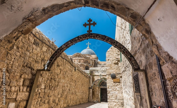 Fototapeta The 9th station of the cross in Via Dolorosa at the entree to the Coptic Orthodox Patriarchate, St. Anthony Coptic Monastery,  in Old City East Jerusalem